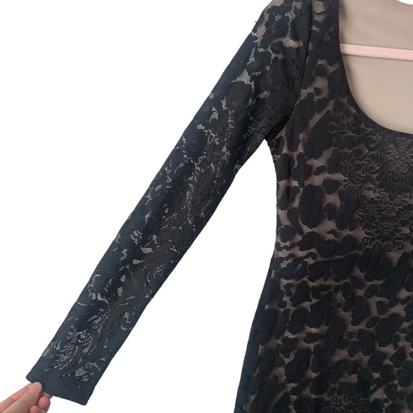 Va Va Voom Black Lace Long Sleeve Nude Liner Bodycon Midi Scoop Neck Dress Sz M - Picture 4 of 10